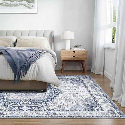 4x6 Area Rugs for Living Room, Machine Washable Non Slip Vintage Rug, Non-Slip Stain Resistant, Large Soft Home Decor Rug for Bedroom Dining Room (Navy/Blue,4'x6')