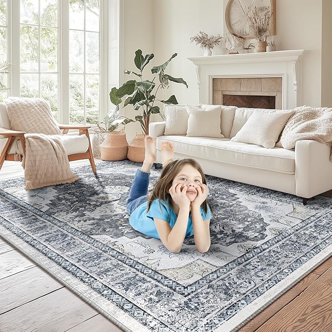 BESTSWEETIE 3x5 Area Rug Washable Rugs for Living Room, No Pile Boho Carpet for Entryway Bedroom Dinning Room, Vintage Carpet Print Distressed Non-Slip, 3 x 5 ft, Blue Grey White