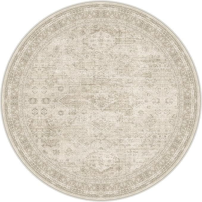 GENIMO 5FT Round Area Rugs for Living Room, Circle Rugs Machine Washable Low Pile, Chenille Non Slip Vintage Rug for Bedroom, Dining Room, Home Office, Ivory