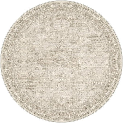 GENIMO 5FT Round Area Rugs for Living Room, Circle Rugs Machine Washable Low Pile, Chenille Non Slip Vintage Rug for Bedroom, Dining Room, Home Office, Ivory