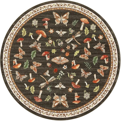 Mushroom Insect 4ft Round Rug Washable Non-Slip Soft Ultra-Thin Small Boho Circle Carpet for Entryway Kitchen Bedroom Nursery Dining Room Brown