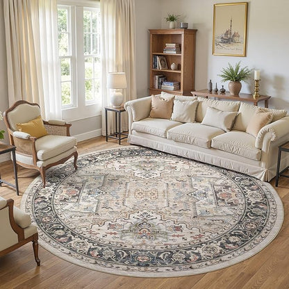 Area Rug for Living Room - 8x8 Large Soft Washable Oriental Vintage Floral Carpet Safe for Babies & Pets - Fade Stain Resistant Non Slip Rugs for Bedroom Dining Room Nursery Dorm Office Home Decor