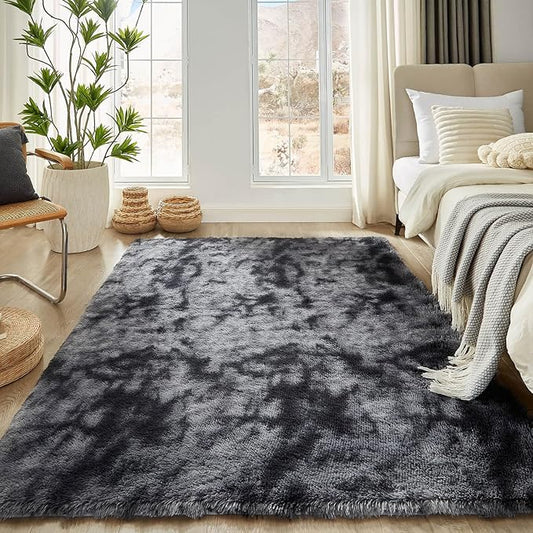 Floralux Shag Rug 5x7 for Living Room, Tie-Dyed Dark Grey, Soft Fluffy Area Rug, High-Pile Plush Indoor Carpets for Bedroom, Playroom, Nursery
