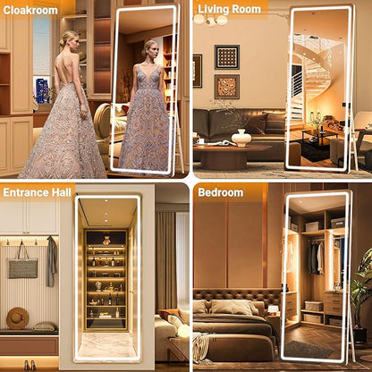 Full Length Mirror with Lights, 56" x 15.8" LED Lighted Floor Standing Body Mirror, Dimmable & 3 Color Lighting for Cloakroom, Dressing Room, Tempered Glass, Rounded Corner Black