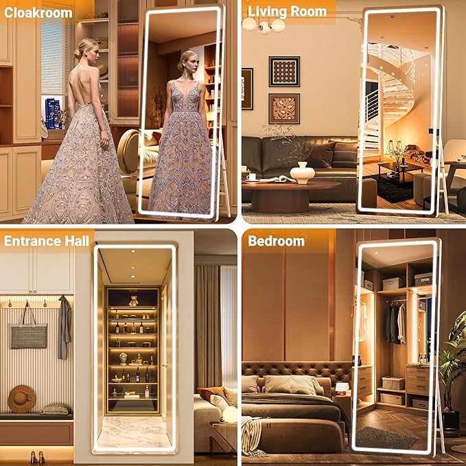 Full Length Mirror with Lights, 56" x 15.8" LED Lighted Floor Standing Body Mirror, Dimmable & 3 Color Lighting Cloakroom, Dressing Room, Tempered Glass, Rounded Corner White