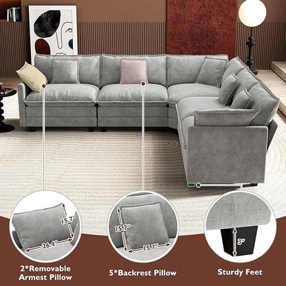 Ihanherry 114" V-Shaped Modern Sofa Modular Sectional Cloud Couch with Corner Section, 5-Seat Chenille Deep Seat Sofa with 5 Pillows for Living Room, Bedroom and Apartment, Grey