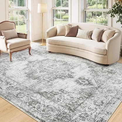 Area Rug 5x7 Vintage Rugs: Washable Indoor Medallion Rug Low Pile Distressed Floor Carpet Retro Accent Rugs for Living Room Bedroom Kitchen Dining Table Home Office(Grey, 5'x7')