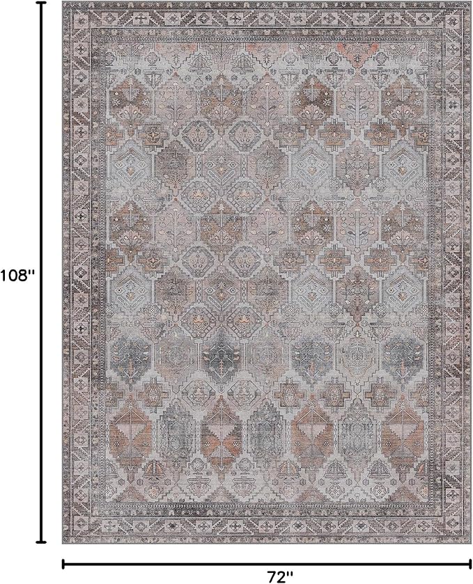 Bavni Washable Rug 6x9 Area Rug for Living Room Bedroom Dining, Washable Vintage Print Carpet, Ultra-Thin Chenille Low Pile Lightweight Rug with Non Slip Backing, Retro Grey