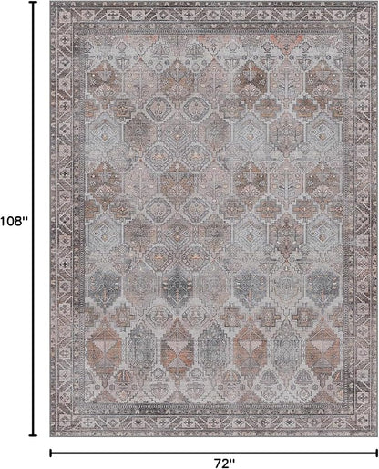 Bavni Washable Rug 6x9 Area Rug for Living Room Bedroom Dining, Washable Vintage Print Carpet, Ultra-Thin Chenille Low Pile Lightweight Rug with Non Slip Backing, Retro Grey