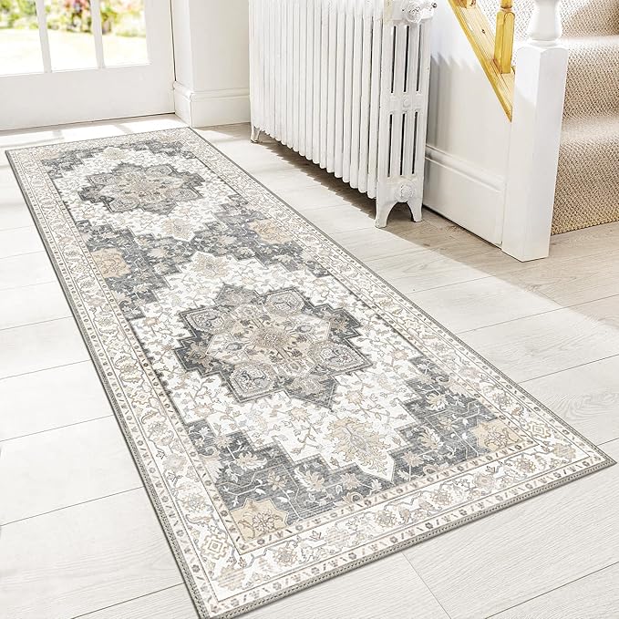 GENIMO 2x6 Runner Rugs for Hallway, Machine Washable Non Slip Vintage Retro Rugs, Low Pile Lightweight Soft Print Rug for enrtyway, Corridor, Home Office, Kitchen, Heathered Grey