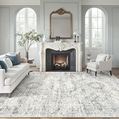 Soalmost 9x12 Area Rugs for Living Room, Non Slip Machine Washable Vintage Rugs, Low Pile Lightweight Large Rug for Bedroom, Dining Room, Home Office Blue/Ivory