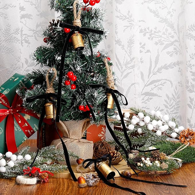Suncalla 6 Pcs Rustic Gold Bells with 6 Pcs Black Velvet Bows Mini Handmade Hanging Ornament Decorative Antique Bells Velvet Bows for Xmas Tree Crafts Door Wreath Decoration DIY Party Supplies