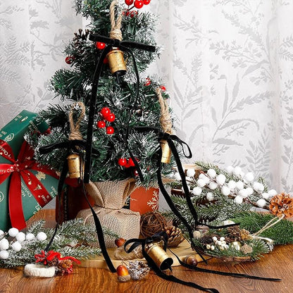 Suncalla 6 Pcs Rustic Gold Bells with 6 Pcs Black Velvet Bows Mini Handmade Hanging Ornament Decorative Antique Bells Velvet Bows for Xmas Tree Crafts Door Wreath Decoration DIY Party Supplies