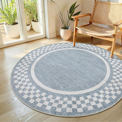 4ft Washable Round Rug for Entryway Modern Checkered Bedroom Circle Rug Non Slip Soft Dining Room Round Throw Carpet Small Stain Resistant Border Round Rugs for Living Room Kitchen Bathroom, Blue