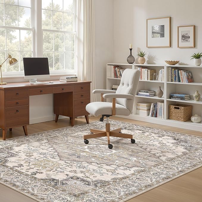 6x9 Washable Area Rugs for Living Room: Non Slip Vintage Brown Rug, Large Soft Stain Resistant Indoor Floor Carpets for Bedroom Dining Room Farmhouse Nursery Home Office Kid & Pet Friendly