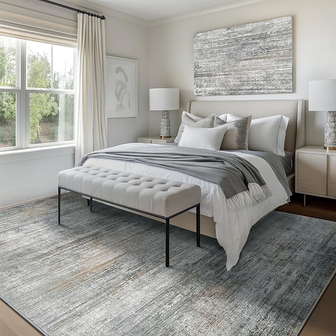 Bavni Rugs for Bedroom, Machine Washable Modern Rug Non-Slip, Foldable Simple 6x9 Area Rugs, Soft Low Pile Carpet for Living Room, Dining Room, Playroom, Granite Gray