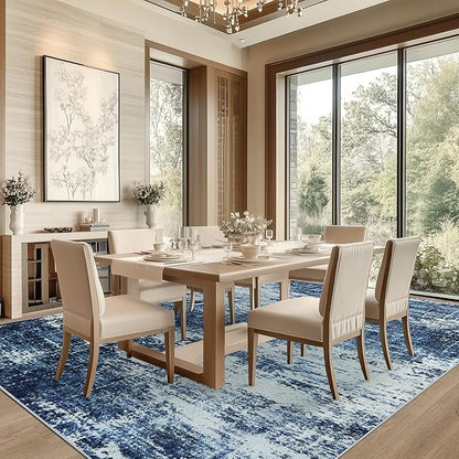 8x10 Area Rug Living Room Rugs - Washable Rug Large Modern Abstract Soft Thin Carpets Indoor Floor No Slip Vintage Carpet for Bedroom Under Dining Table Nursery Home Office Decor Deep Blue