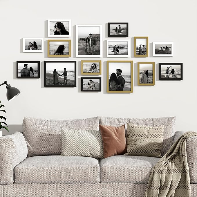 Venusmiles 15 Pack Picture Frames Collage Wall Decor, Gallery Frame Set for Wall Mounting or Tabletop Display, Multi Sizes Including 3pcs 8x10, 6pcs 5x7, 6pcs 4x6, Black+White+Gold