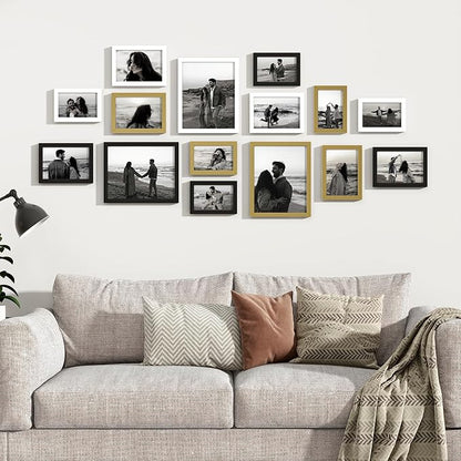 Venusmiles 15 Pack Picture Frames Collage Wall Decor, Gallery Frame Set for Wall Mounting or Tabletop Display, Multi Sizes Including 3pcs 8x10, 6pcs 5x7, 6pcs 4x6, Black+White+Gold