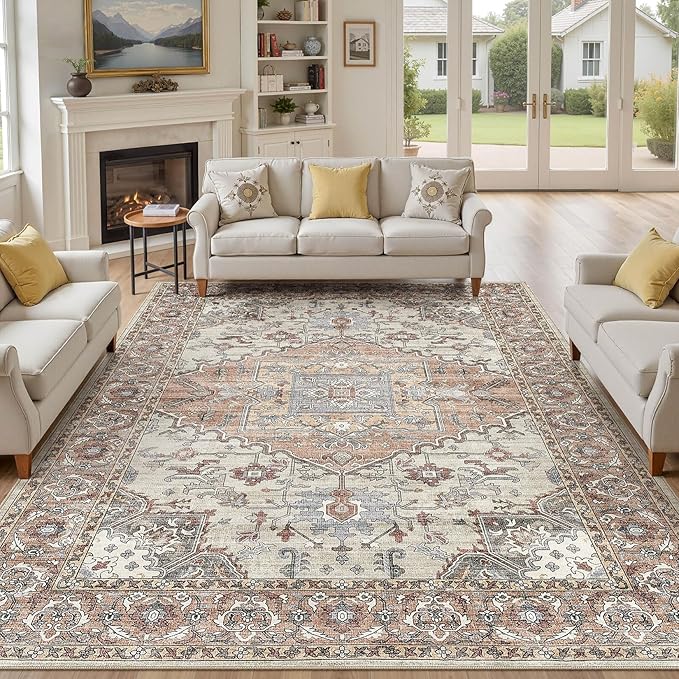 9x12 Washable Area Rugs for Living Room: Non Slip Vintage Brick Red Rug, Large Soft Stain Resistant Indoor Floor Carpets for Bedroom Dining Room Nursery Home Office Kid & Pet Friendly