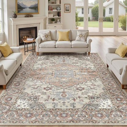 9x12 Washable Area Rugs for Living Room: Non Slip Vintage Brick Red Rug, Large Soft Stain Resistant Indoor Floor Carpets for Bedroom Dining Room Nursery Home Office Kid & Pet Friendly