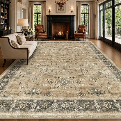 Taupe and Sage 8x10 Living Room Rug, Oriental Large Area Rug for Dining Room Under Table, Natural Washable Low Pile Bedroom Carpet, Non-Slip Stain Resistant Indoor Door Mat