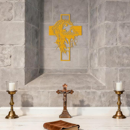 Slickss Golden Jesus Wall Art, Metal Cross Wall Decor with Jesus Figure, 14x10 Inch Religious Wall Hanging, Christian Home Decor for Living Room, Office, Bedroom