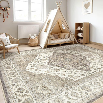 6x9 Area Rugs Living Room: Washable Boho Large Neutral Vintage Soft Rug Stain Resistant Farmhouse Non-Slip Indoor Floor Carpet for Bedroom Nursery Kids Playroom Office Dining Room Home- Brown Beige