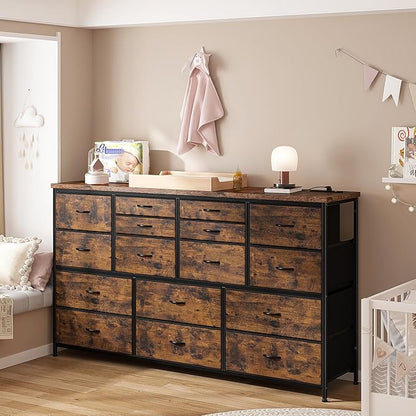 16 Drawers Long Dresser for Bedroom, 51"W Dressers with Power Outlets for 60"Inch TV for Living Room, Entertainment Center with Storage, Media TV Stand Console Table 51.1''W*11.8''D*34.8''H, Brown