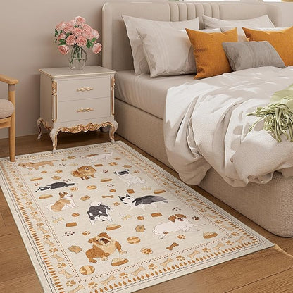 DUKINO 3x5 Area Rug, Lightweight Washable Entryway Rug with Non Slip & Low Pile, Soft Non Shedding Animal Dog Print Pattern Indoor Carpet for Bedroom, Kitchen, Bathroom, Kids Room, Beige Yellow
