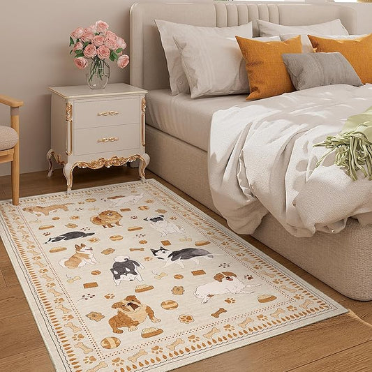 DUKINO 3x5 Area Rug, Lightweight Washable Entryway Rug with Non Slip & Low Pile, Soft Non Shedding Animal Dog Print Pattern Indoor Carpet for Bedroom, Kitchen, Bathroom, Kids Room, Beige Yellow