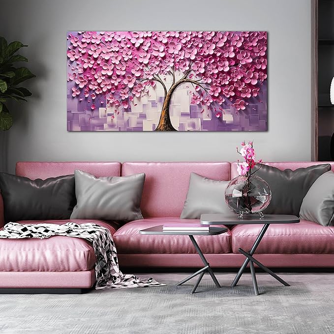 Tree Pictures Wall Decor for Bedroom Women,Pink Wall Art for Living Room Tree of Life Wall Decor 24 x 48 Inch