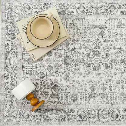 PureCozy Black Runner Rug 2'6"x8' Washable Carpet for Hallway Kitchen Vintage Distressed Non Slip Indoor Retro Floral Bedroom Accent Throw Long Rug Bathroom Office Laundry Dining Living Room