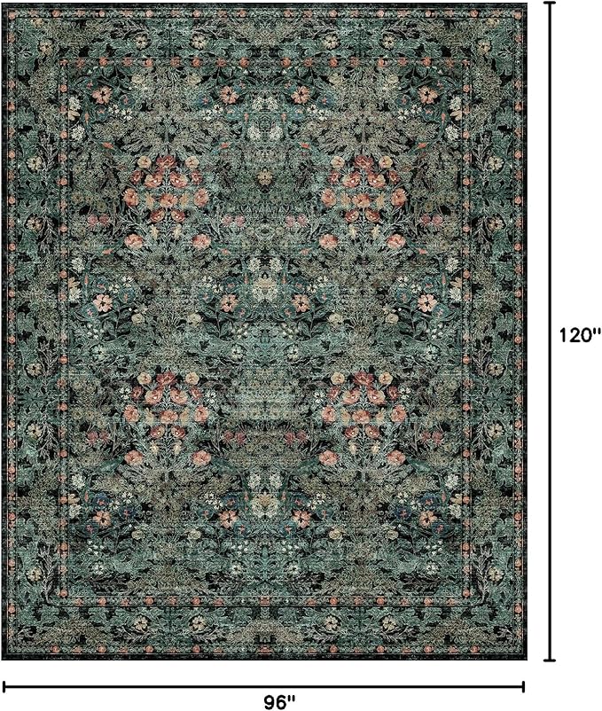 Boho Dark Green Floral Area Rug 8x10 for Living Room, Washable Farmhouse Moody Rug for Bedroom, Dining Room Under Table, Cottage Core Distressed Low Pile Non Slip Carpet, Soft Large Mat