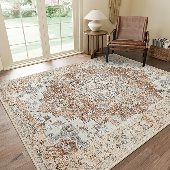 GENIMO 6x9 Area Rugs for Living Room, Machine Washable Non Slip Rugs, Low Pile Lightweight Vintage Print Rug for Bedroom, Dining Room, Home Office, Orange&Beige