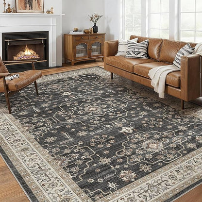 Area Rug for Living Room - 7x9 Soft Washable Oriental Vintage Floral Distressed Large Carpet - Fade Stain Resistant Non Slip Rugs for Bedroom Dining Room Nursery Dorm Office Home Decor - Black