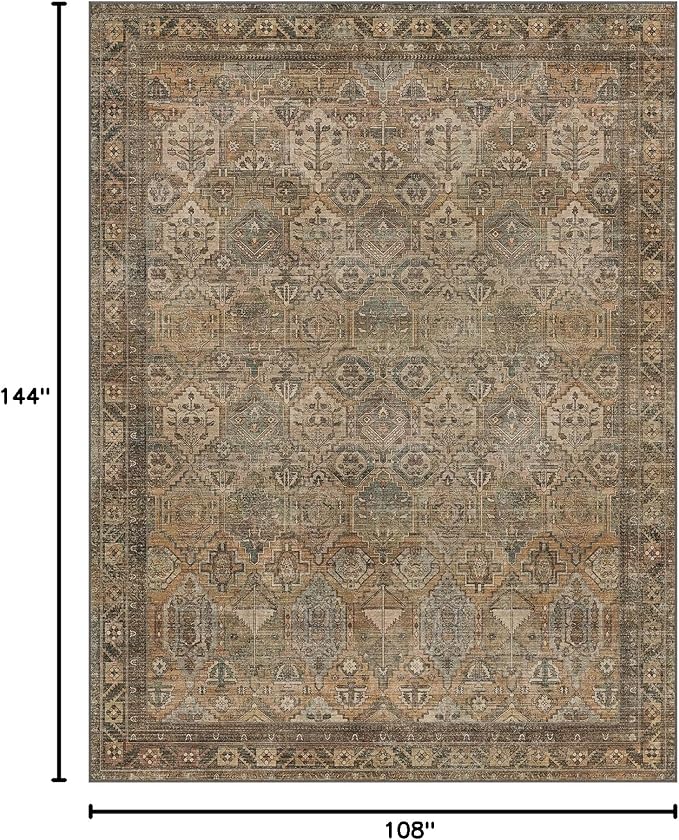 Bavni Washable Rug 9x12 Area Rug for Living Room Bedroom Dining, Washable Vintage Print Carpet, Ultra-Thin Chenille Low Pile Lightweight Rug with Non Slip Backing, Warm Taupe