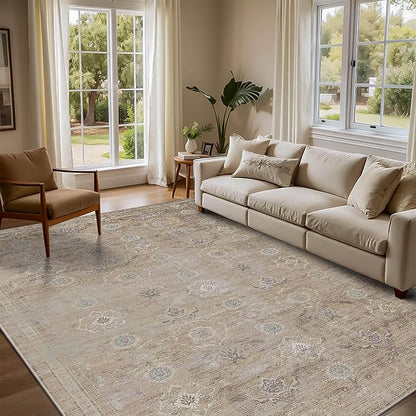 Rugxara Beige Rug 5x7 Neutral Area Rugs for Living Room Bedroom, Washable Vintage Floral Retro Boho Non Slip & Low Pile Carpet for Indoor Dining Room and Kids Room(Beige 5x7ft)