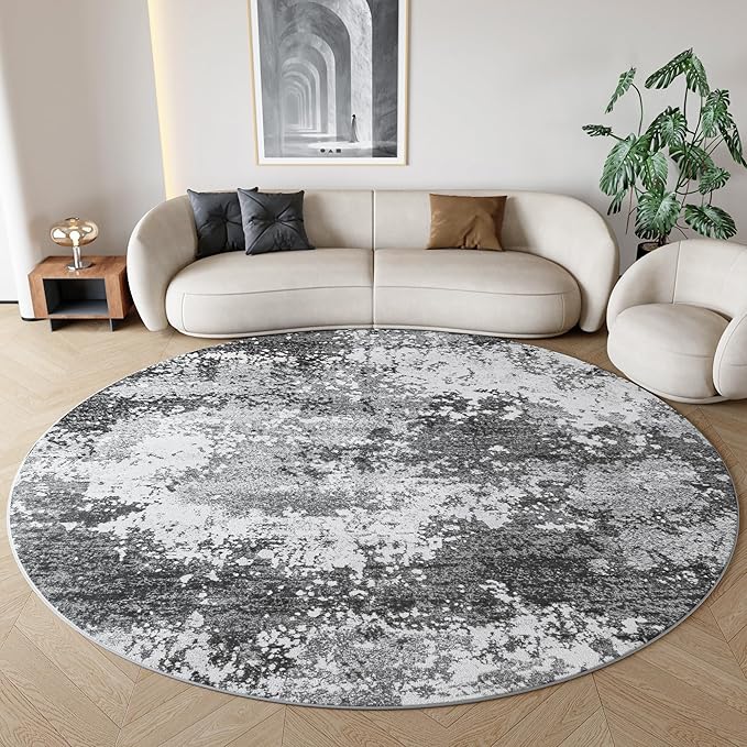 Washable 5 FT Round Rug Grey Circle Area Rugs for Entryway Kitchen, Non Slip Soft Low Pile Stain Resistant, Boho Circular Carpet for Living Room Bedroom Dorm Dining Room Table, Abstract Gray