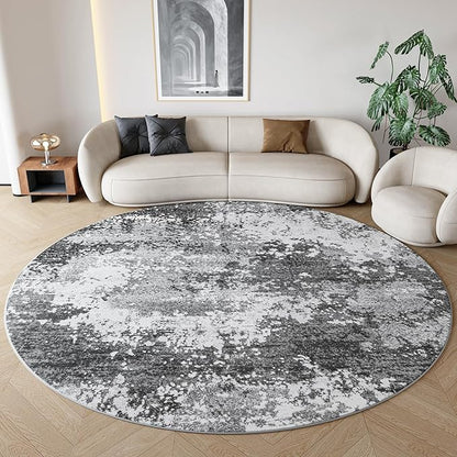 Washable 5 FT Round Rug Grey Circle Area Rugs for Entryway Kitchen, Non Slip Soft Low Pile Stain Resistant, Boho Circular Carpet for Living Room Bedroom Dorm Dining Room Table, Abstract Gray