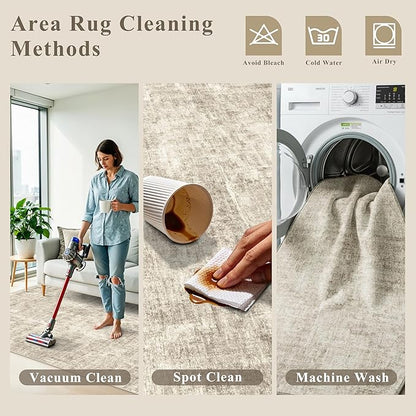 10x10 ft Square Living Room Rug – Washable Modern Abstract Area Rug for Bedroom, Dining Room, Playroom – Neutral Non-Slip Low-Pile Thin Indoor Carpet (Warm Beige)