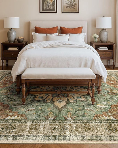 RELEANY Area Rugs 10'x14' Washable Non-Slip, Floral Vintage Distress Print Pattern Medallion Carpet for Living Room Bedroom Dining Room, Brick Red Rust Neutral Brown Burnt Orange Green