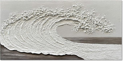 NANKAI Art 24x48 inch Hand-Painted 3D Ocean Waves Oil Painting Natural Scenery White Abstract Canvas Art Mural