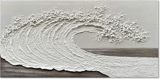 NANKAI Art 24x48 inch Hand-Painted 3D Ocean Waves Oil Painting Natural Scenery White Abstract Canvas Art Mural