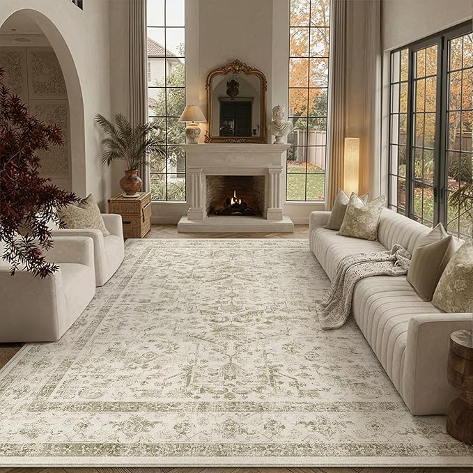 PureCozy Taupe 6x9 Area Rug Vintage Washable Living Room Carpet Non Slip Bedroom Indoor Office Low Pile Large Traditional Distressed Retro Accent Rug for Dining Room Bathroom Kitchen