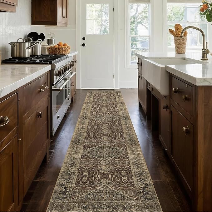Non-Slip Runner Rugs for Hallway: 2x12 Washable Long Rug for Entryway Kitchen Bathroom Bedroom Indoor - Vintage Home Decor Mat Carpet - Brown