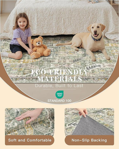 Madane Washable Runner Rug - 2x6 Rug Runners for Hallways 6 Feet Non Slip Vintage Kitchen Runner Rug Ultra-Thin Bathroom Runner Rugs Carpet Laundry Room Bedroom (2x6ft, Green/Gold)