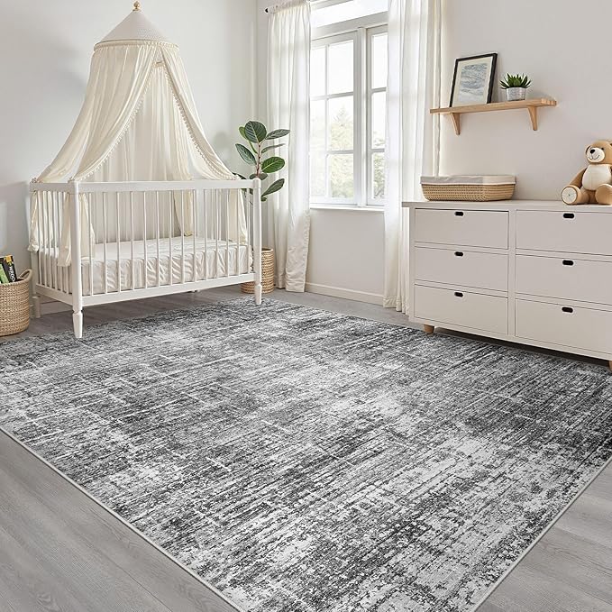 7x9 Area Rug Living Room: Washable Large Neutral Black Rug Abstract Soft Modern Stain Resistant Indoor Floor Non-Slip Carpet for Bedroom Nursery Kids Office Playroom Dining Room Under Table Home