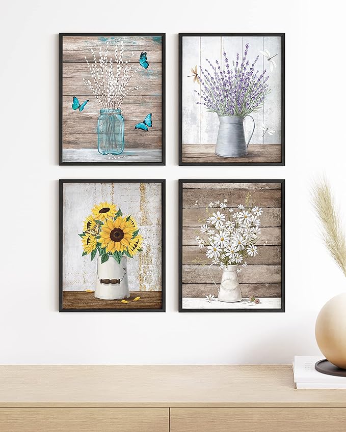 HAUS AND HUES Flower Wall Decor - Set of 4 Floral Wall Art, Framed Flower Painting, Floral Pictures for Kitchen, Bedroom, Living Room (Framed Black 11x14)