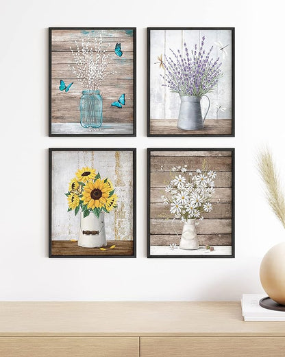 HAUS AND HUES Flower Wall Decor - Set of 4 Floral Wall Art, Framed Flower Painting, Floral Pictures for Kitchen, Bedroom, Living Room (Framed Black 11x14)